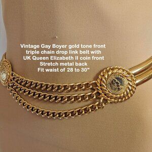 VTG Gay Boyer gold tone metal 3 chain link belt, UK Queen Elizabeth II coin side